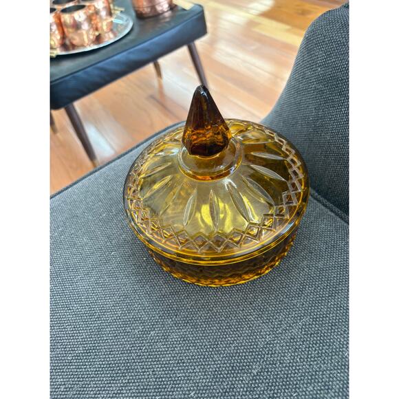 Vintage Indiana Glass Amber Gold Diamond Princess Covered Candy Dish w/ Lid - Picture 7 of 7